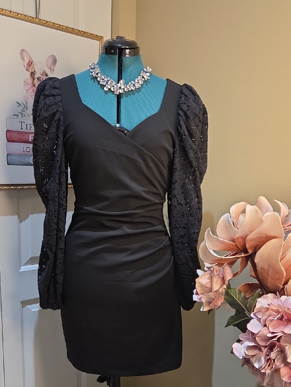 Nwt $98 Medium Express Black Puff-Sleeve Wrap-Style Midi Dress